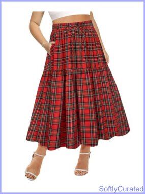Plus Size Tiered Maxi Skirt Pleated A-Line Elastic High Waist Pockets